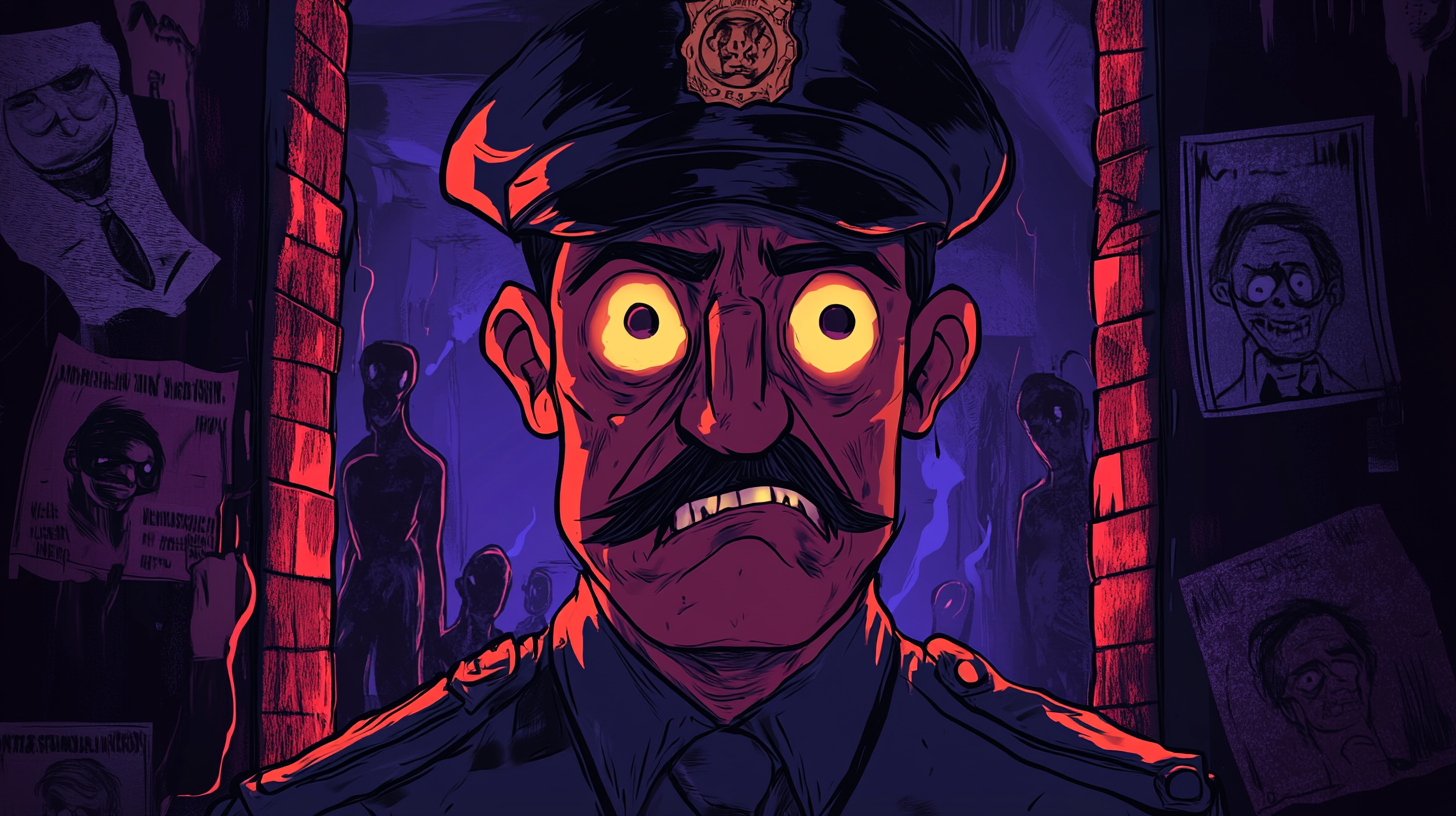 Disturbing Police Officer Lurking in Dark Shadows.