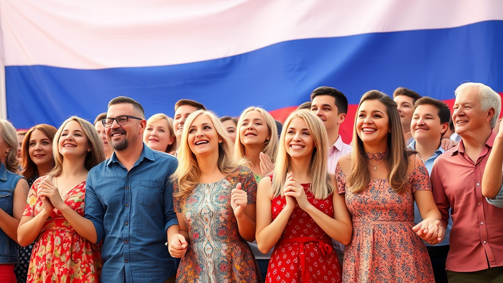 Diverse People Holding Hands in Front of Russian Flag