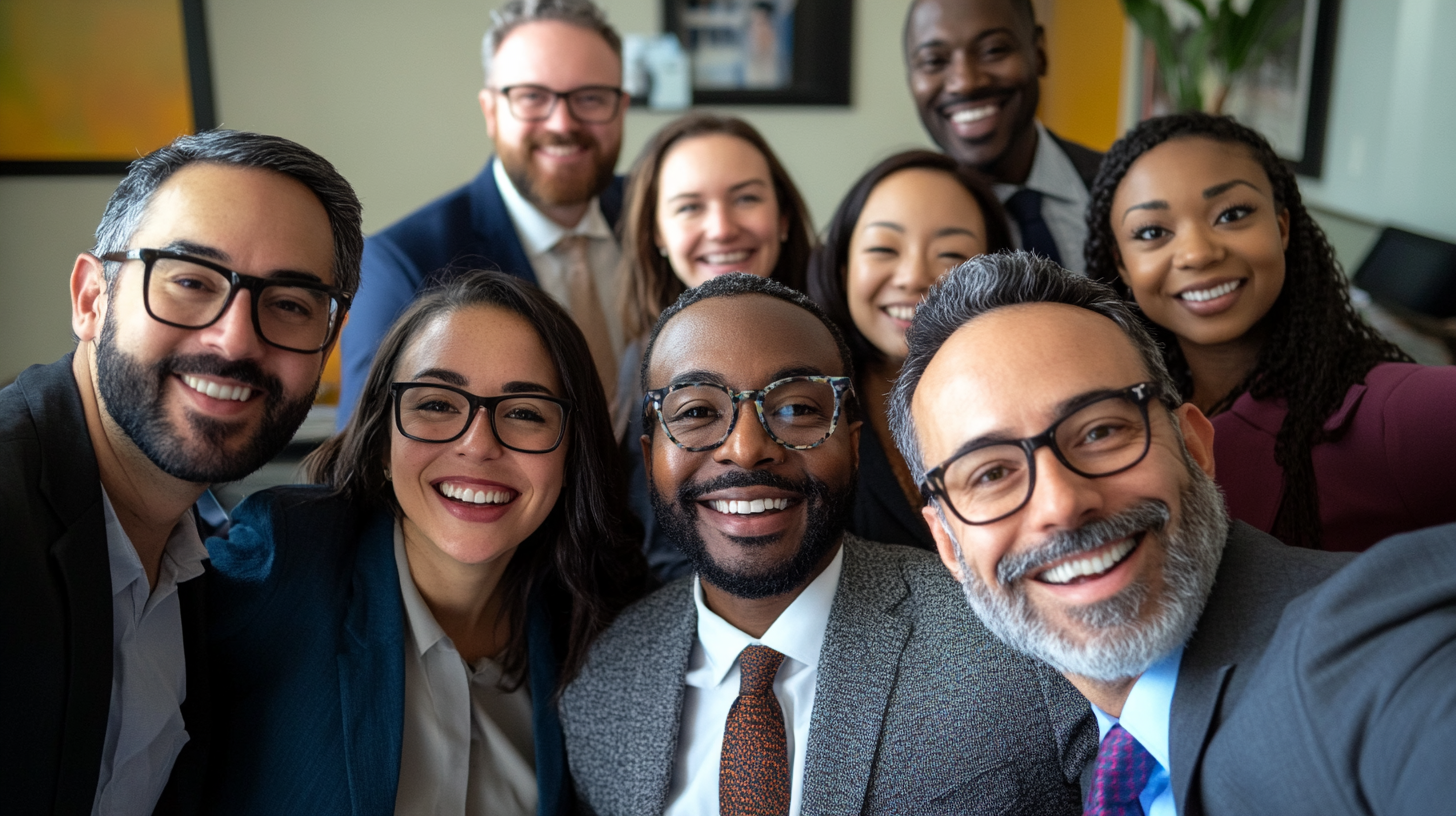 Diverse business people taking selfie with Nikon camera.