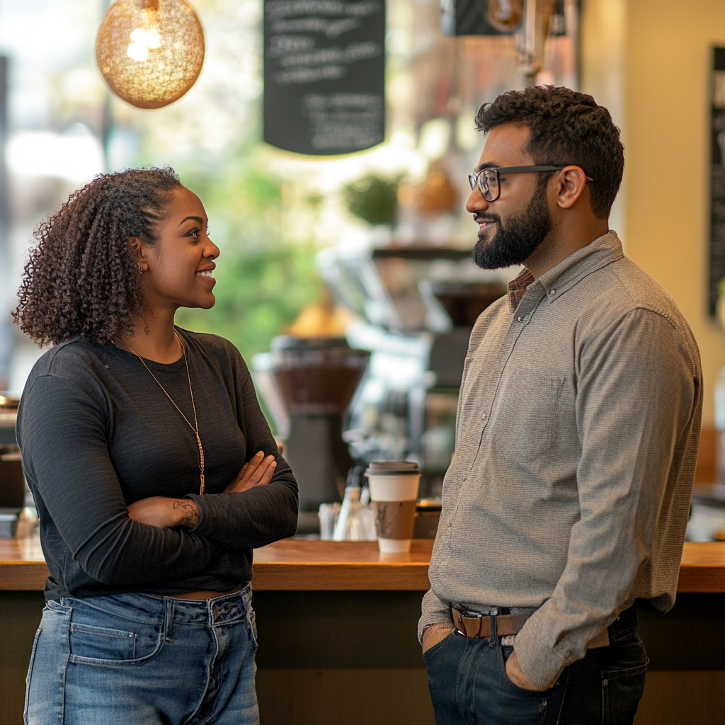 Diverse couple talking at cafe, casual attire, ethnicity.