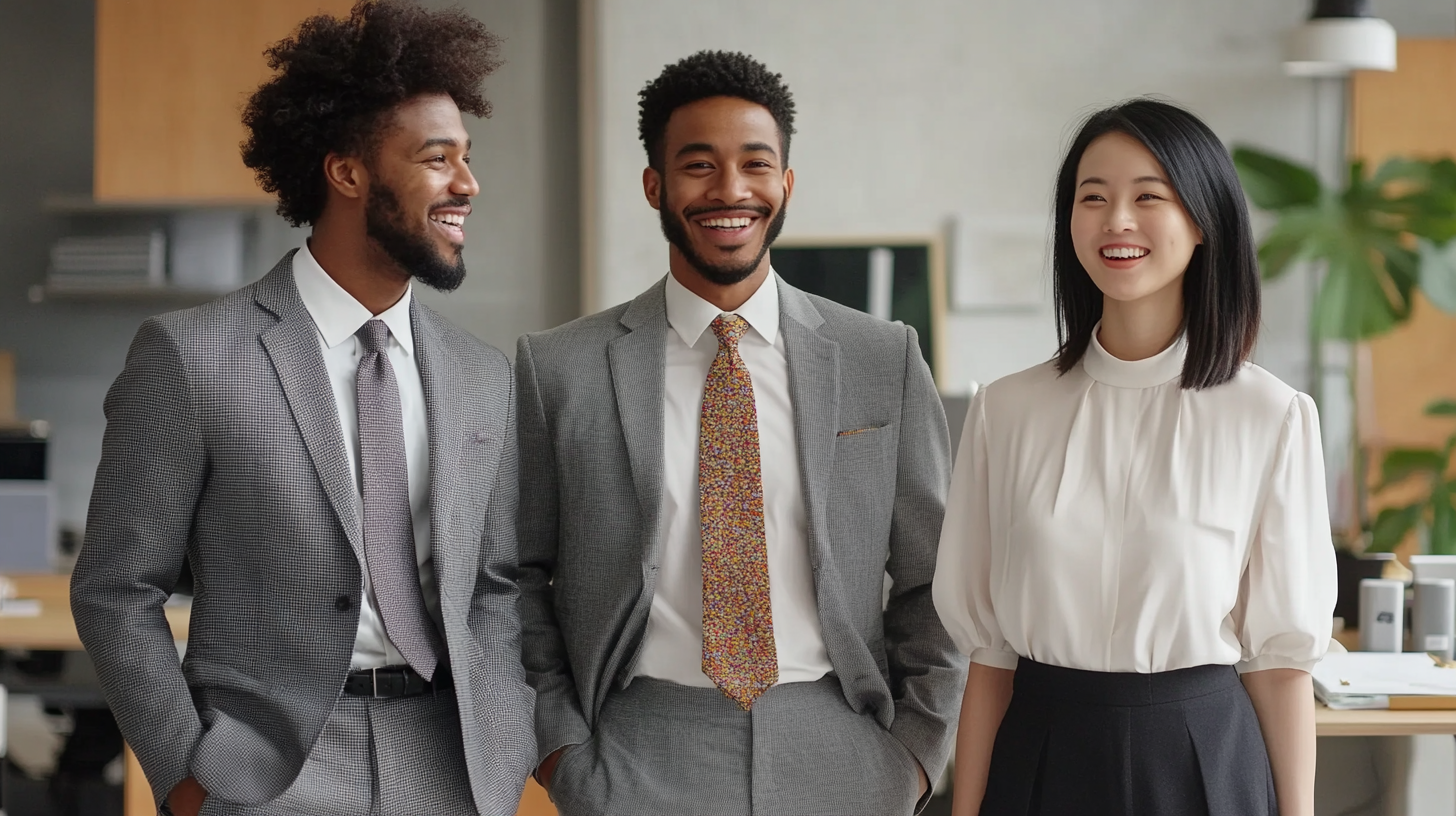 Diverse designers in stylish attire smiling in studio.