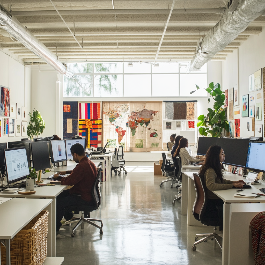 Diverse designers work in global-themed studio with artifacts.