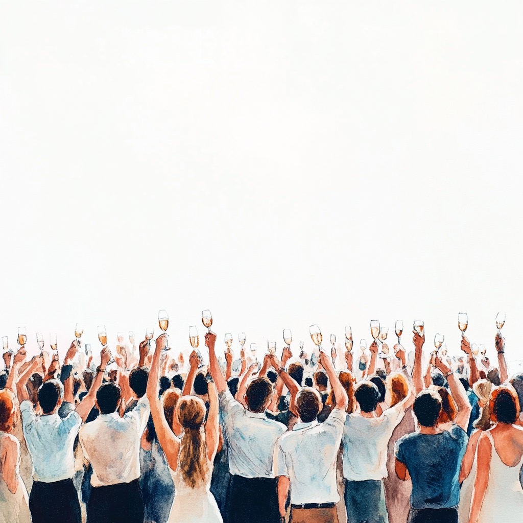 Diverse group celebrating, holding drinks, white background, summer party.