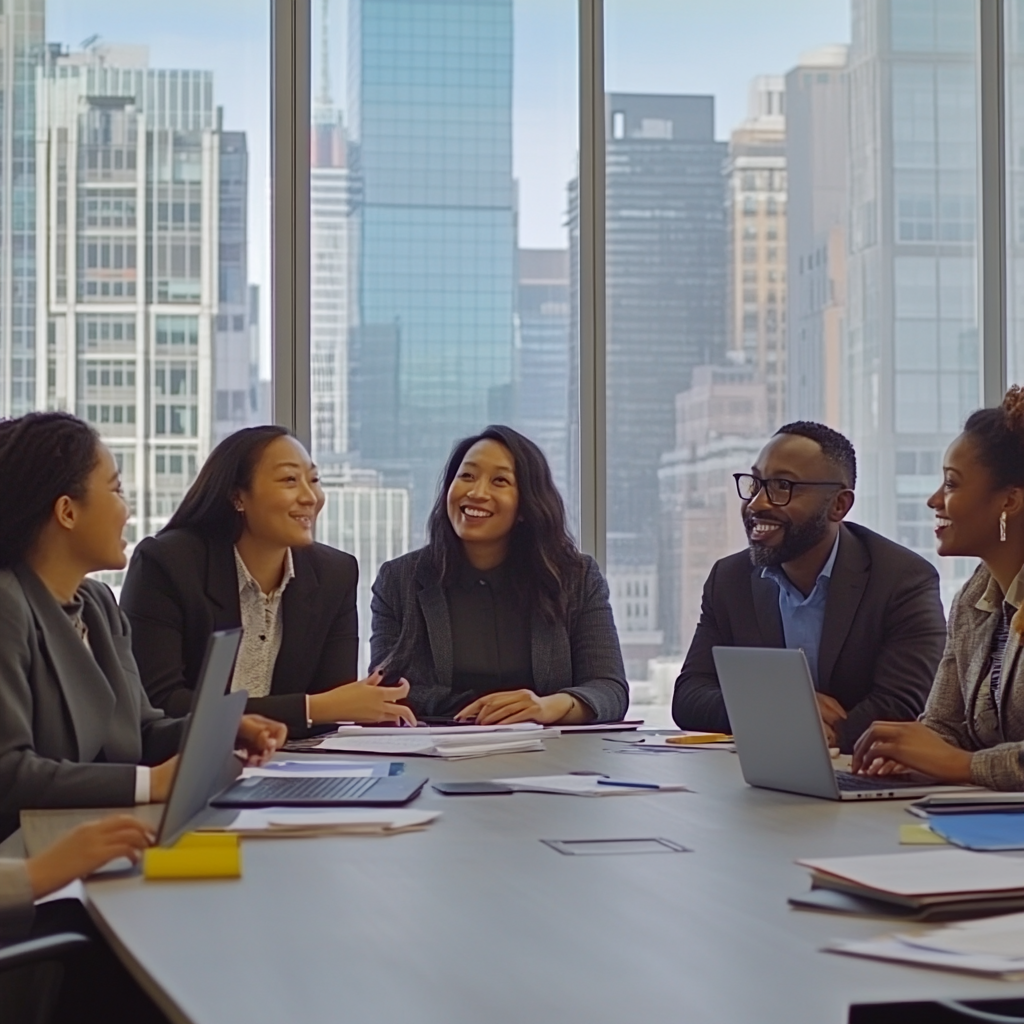 Diverse group collaborating in modern office with city views.