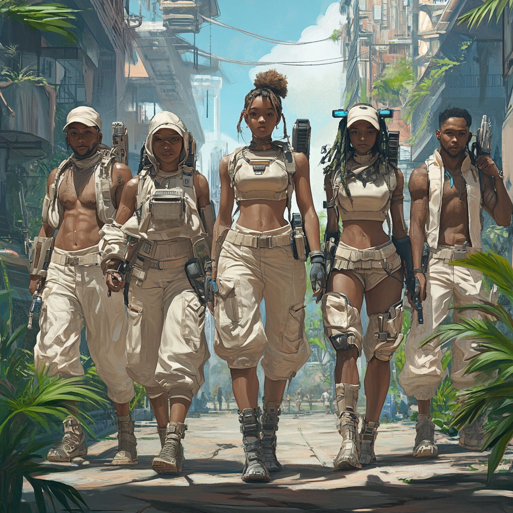 Diverse group in beige farming outfits in cyber city.