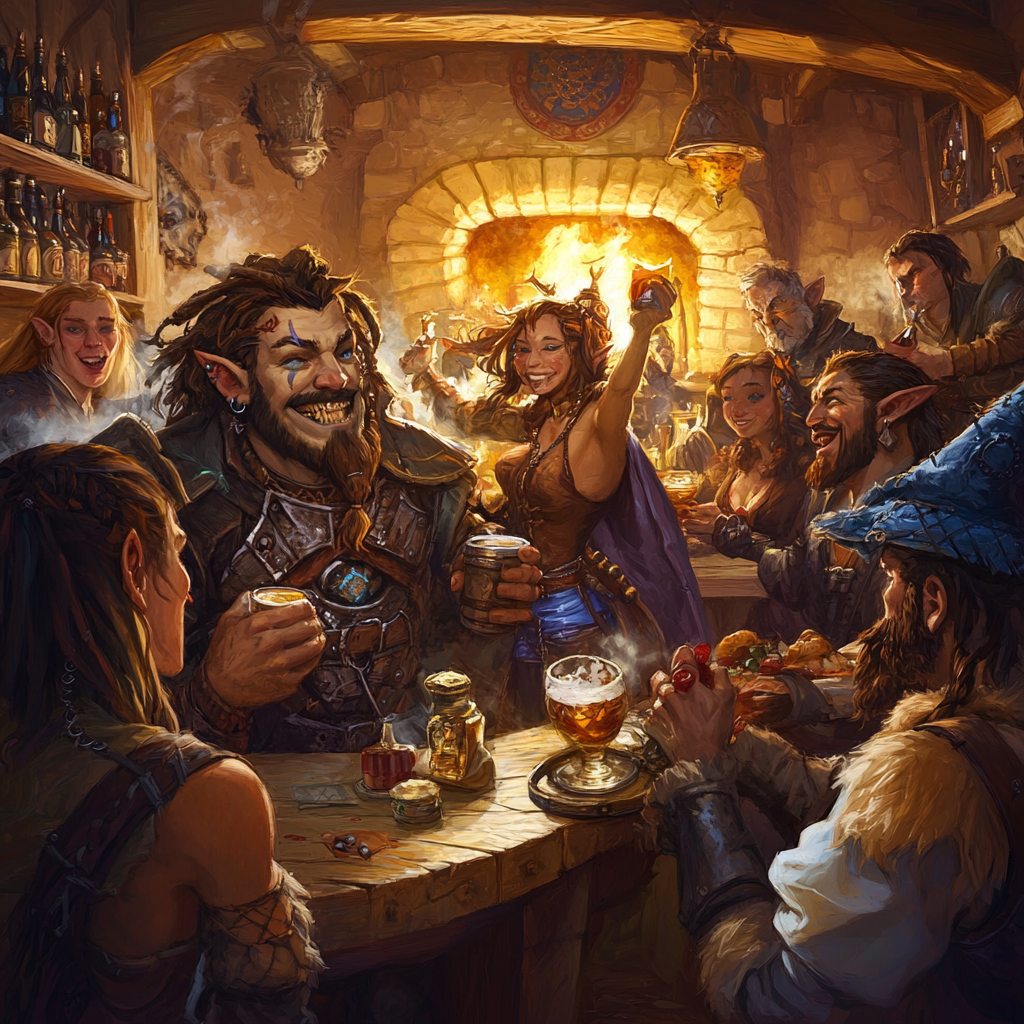 Diverse group in medieval tavern with lively atmosphere.