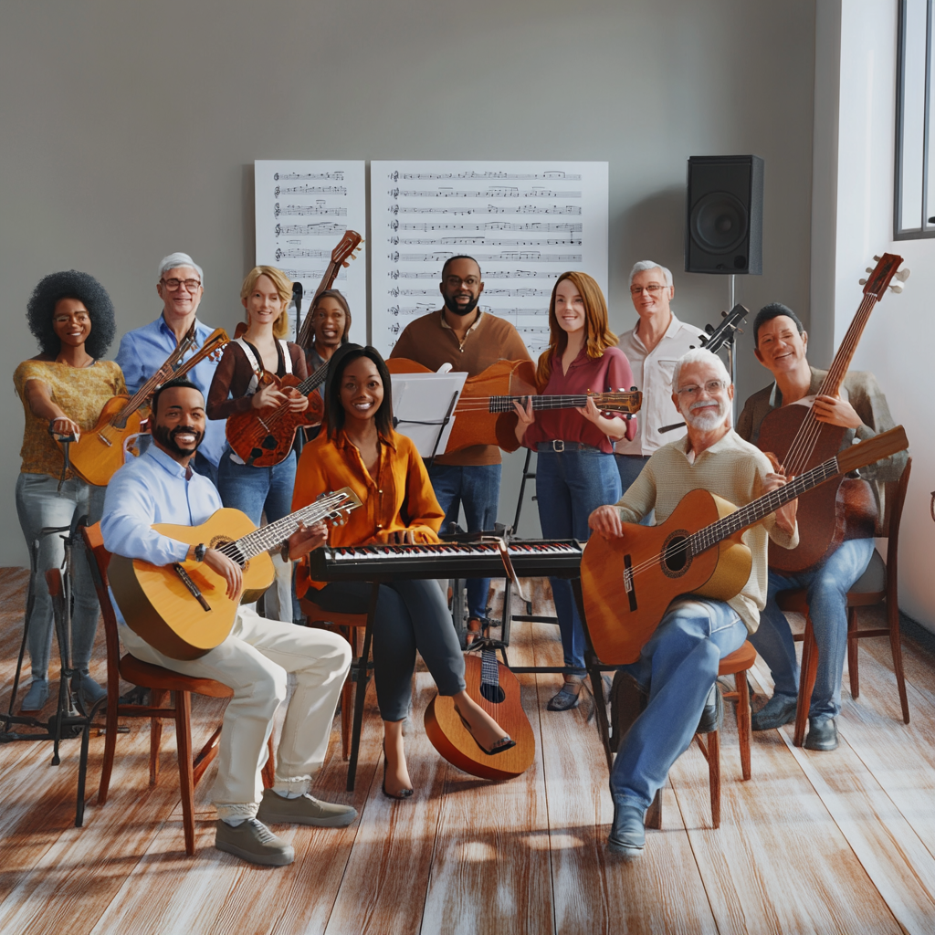 Diverse group of adults in music studio with instruments.