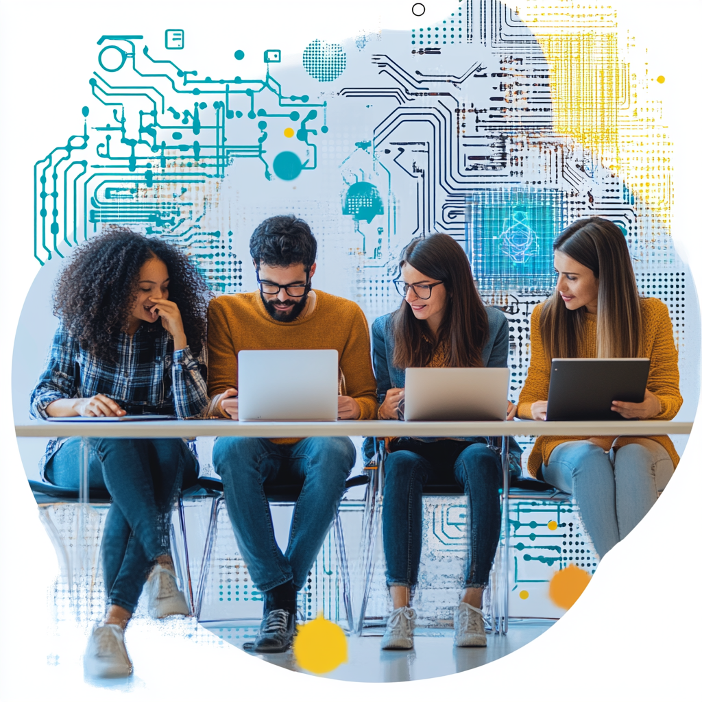 Diverse group using laptops and tablets in modern workspace.