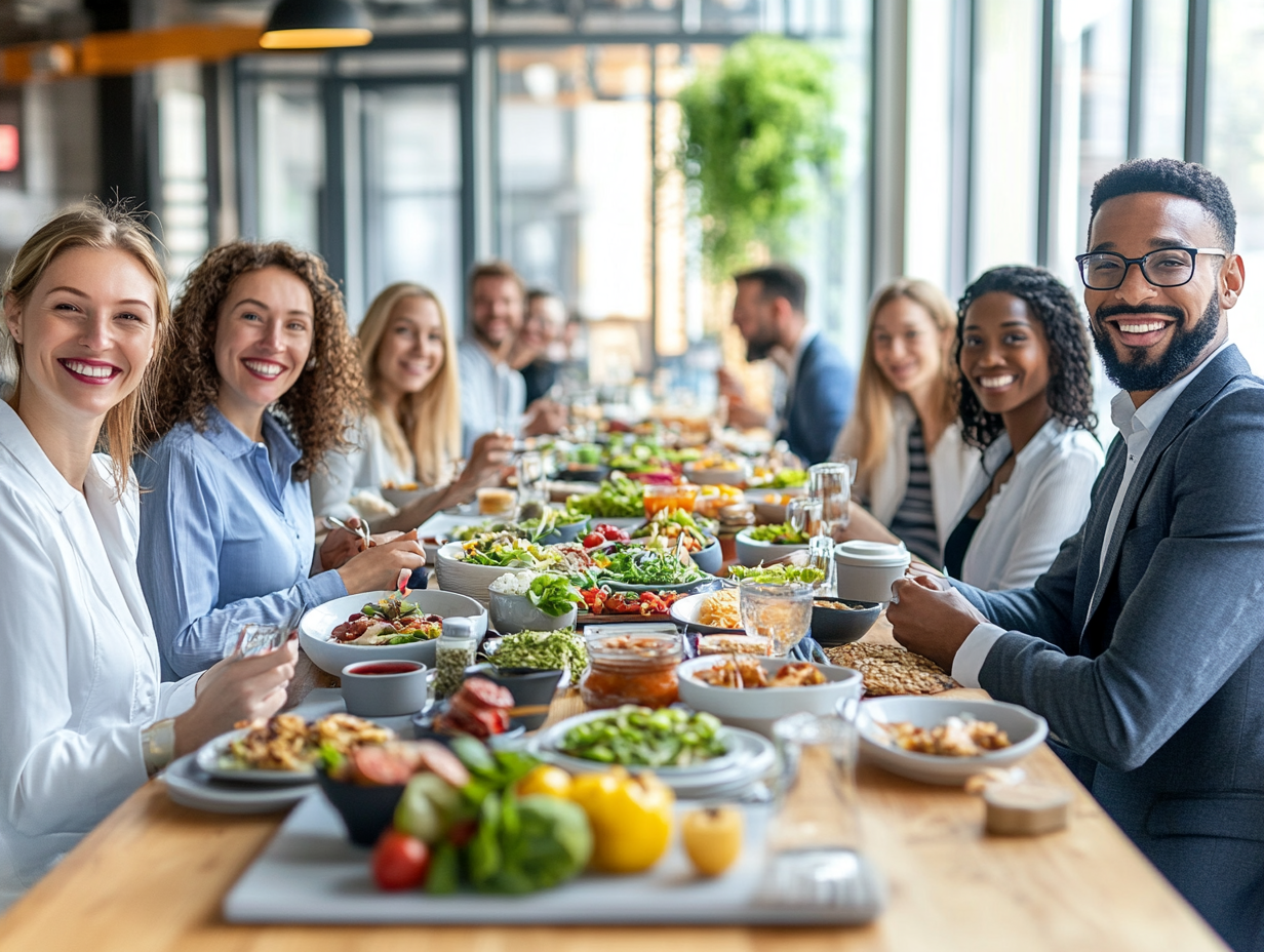 Diverse happy workers dining on nutritious meals, wellness focus.