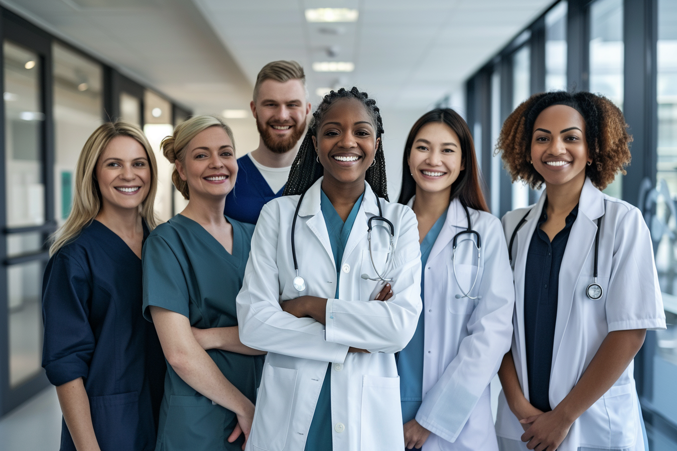 Diverse healthcare professionals smiling in modern medical setting.