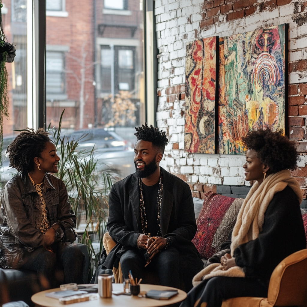 Diverse individuals sharing poetry in urban setting 