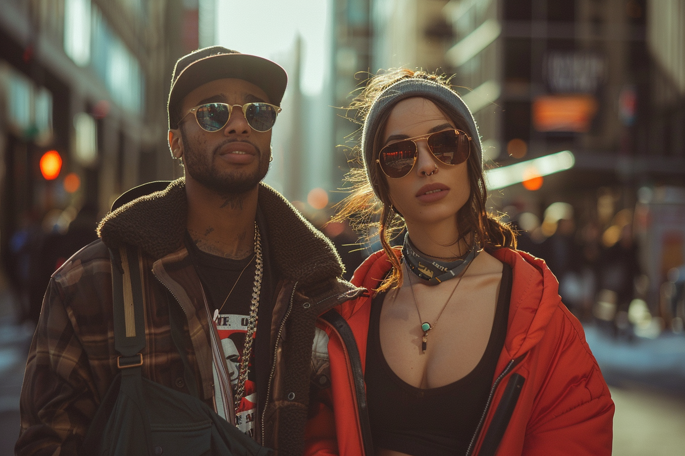 Diverse people in stylish urban fashion on street