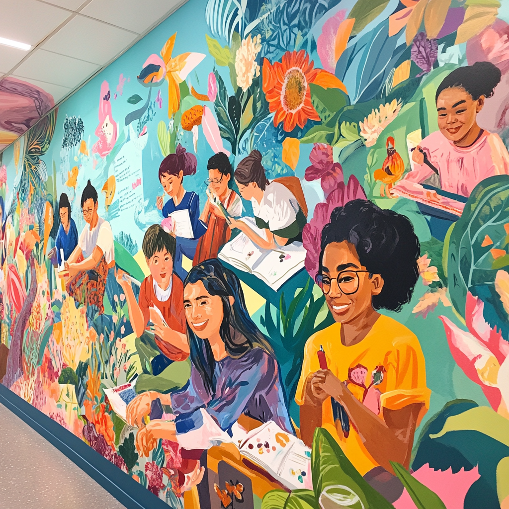 Diverse students in a mural with inspiring quotes.