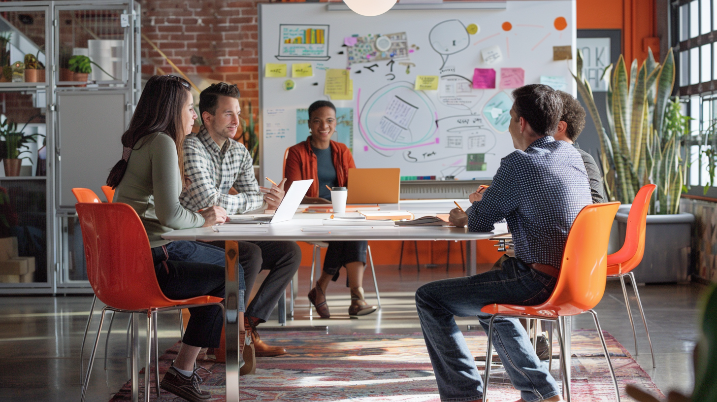 Diverse team brainstorming ideas in modern office setting.