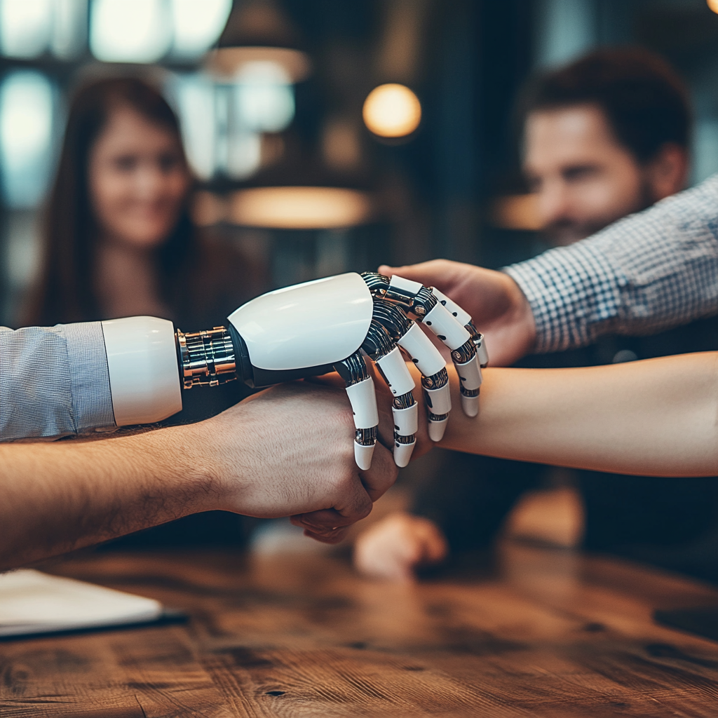 Diverse team with robot hand, symbolizing unity and success.