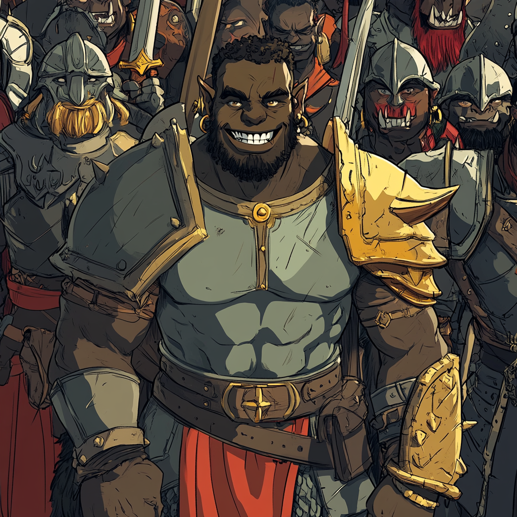 Diverse warriors stand behind friendly, confident orc.