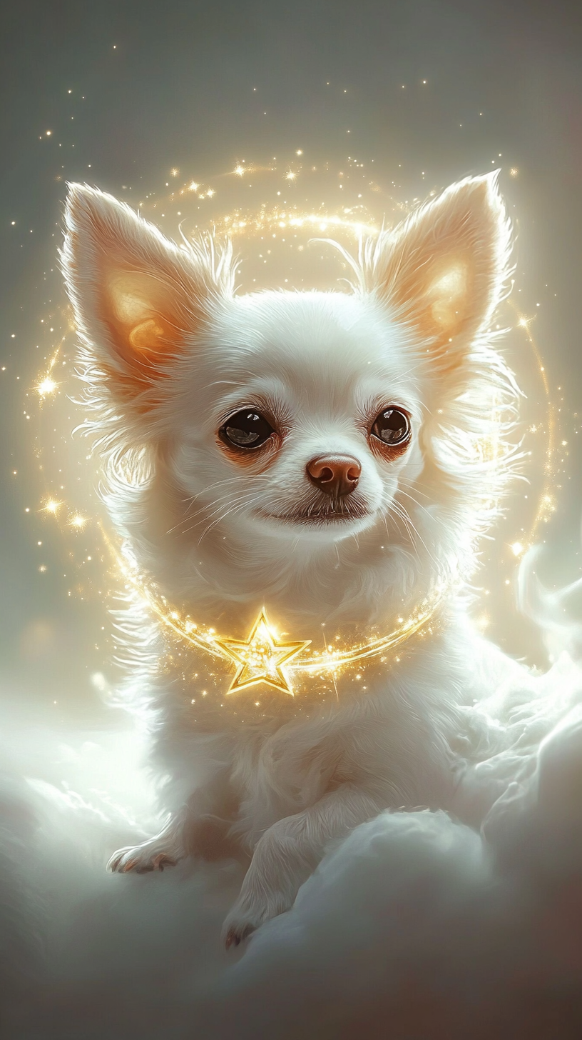 Divine chihuahua with white fur and golden eyes