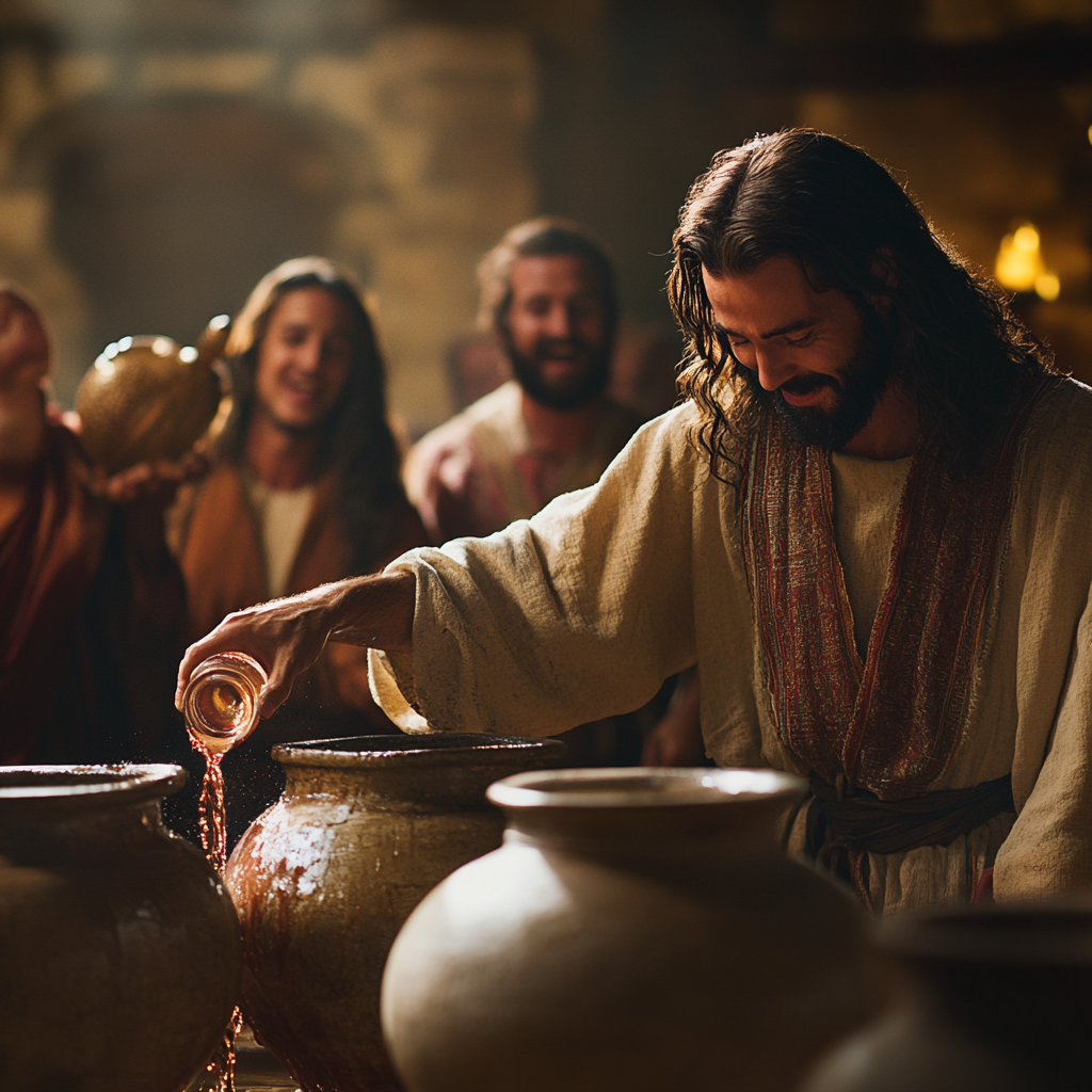 Divine moment: Jesus turns water to wine miraculously.