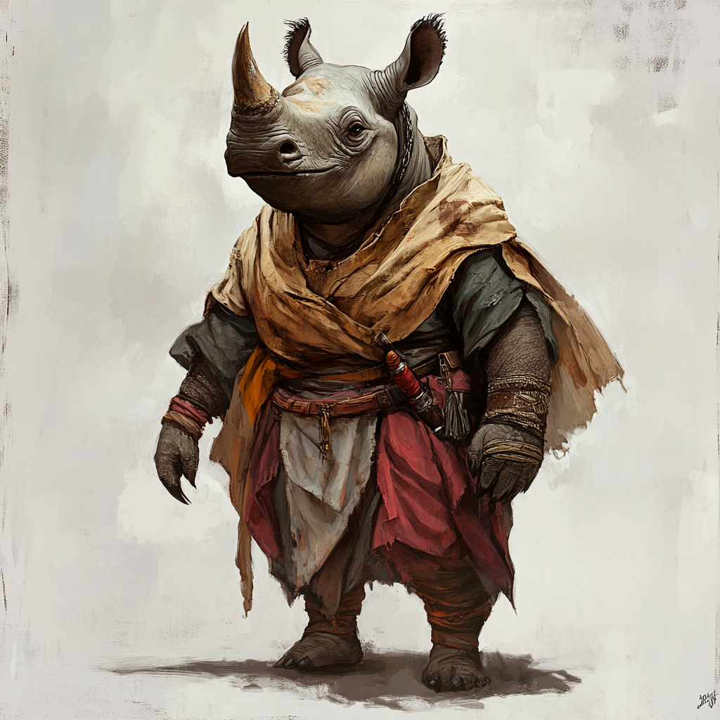 DnD character: human-rhinoceros mix, animalistic, young, stocky.