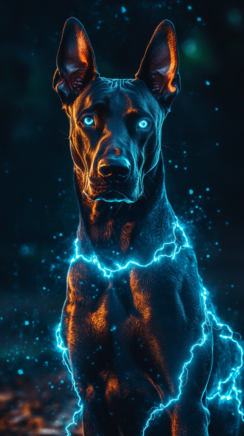 Doberman with lightning powers, black fur with electric blue highlights.