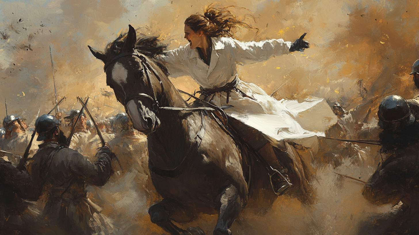 Doctor in White Lab Coat on Horse in Battle