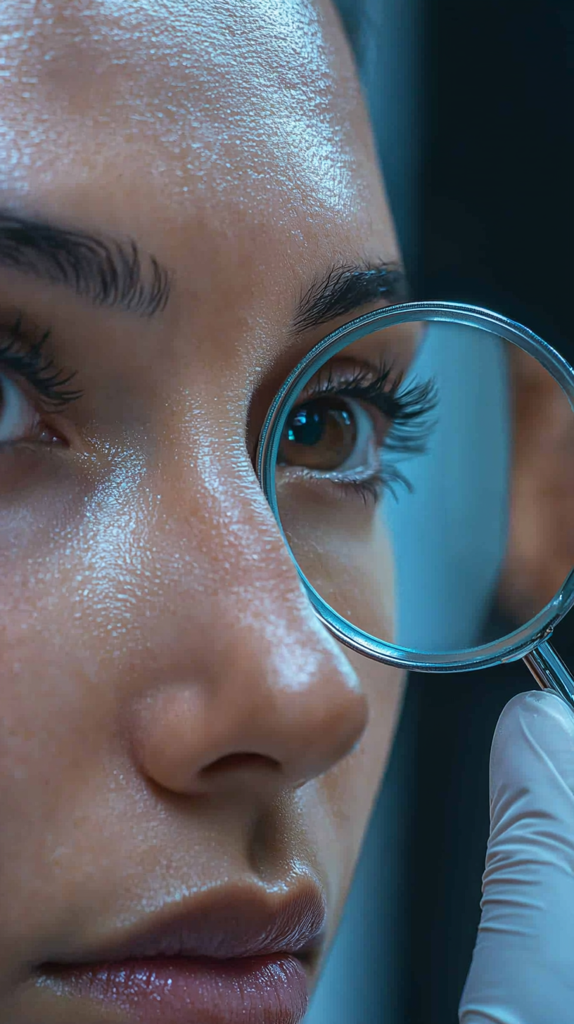 Doctor uses magnifying glass, examines patient's skin.