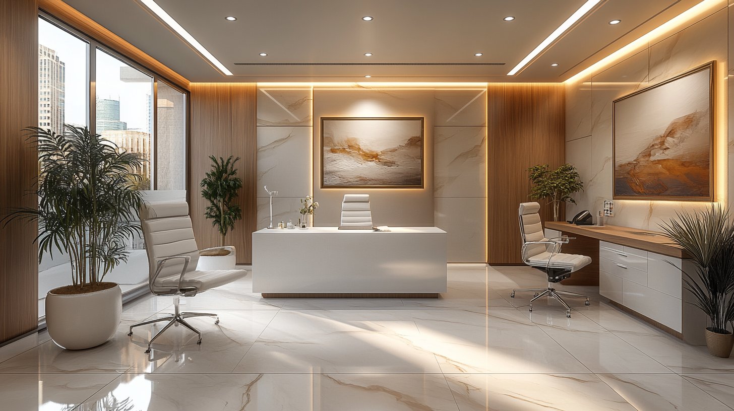 Doctors office with minimalist design, light colors, natural light, no people.