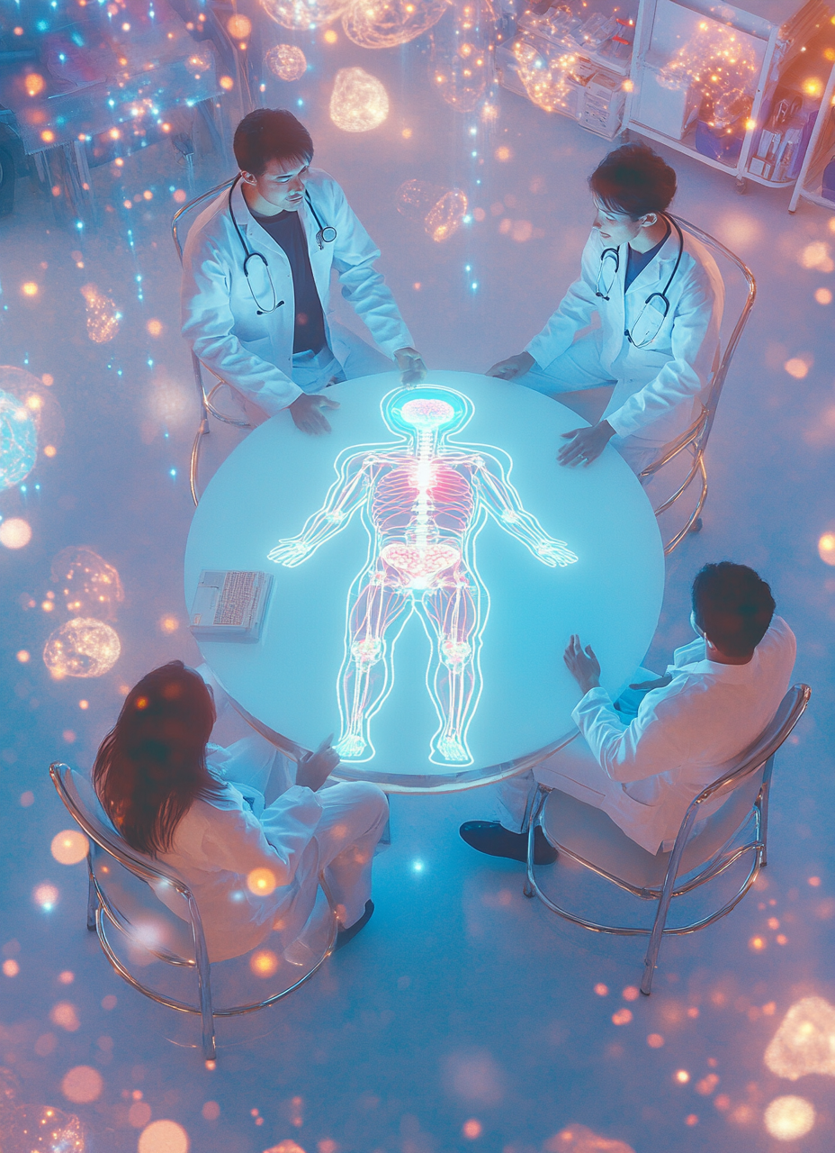 Doctors studying holographic human body model at table