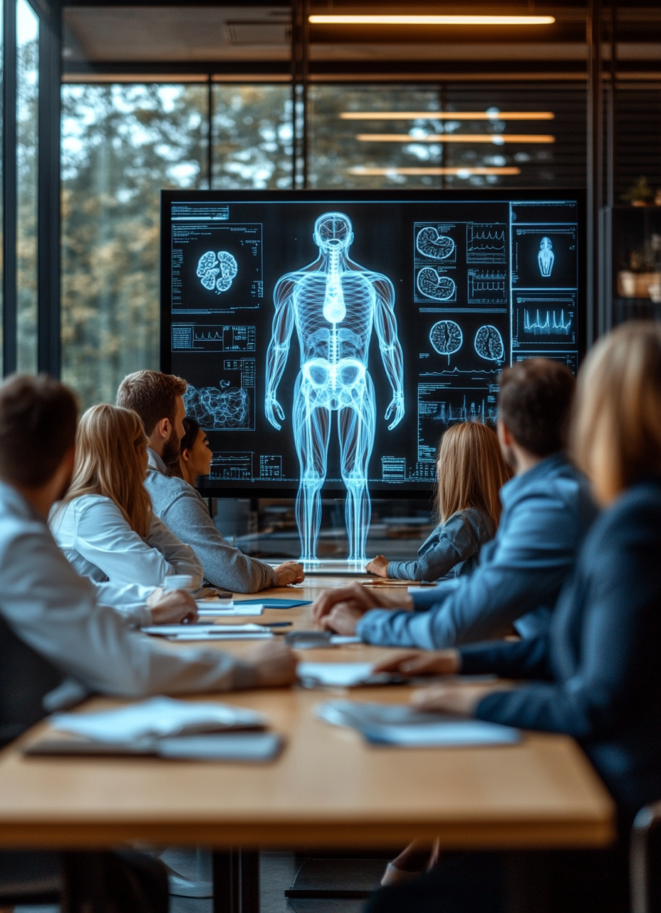 Doctors studying large hologram of human body