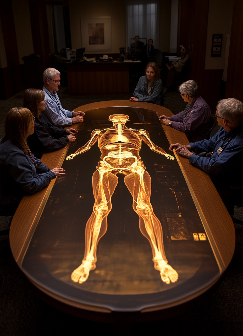 Doctors studying large holographic body at round table