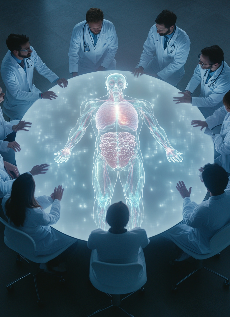 Doctors studying large human hologram at round table