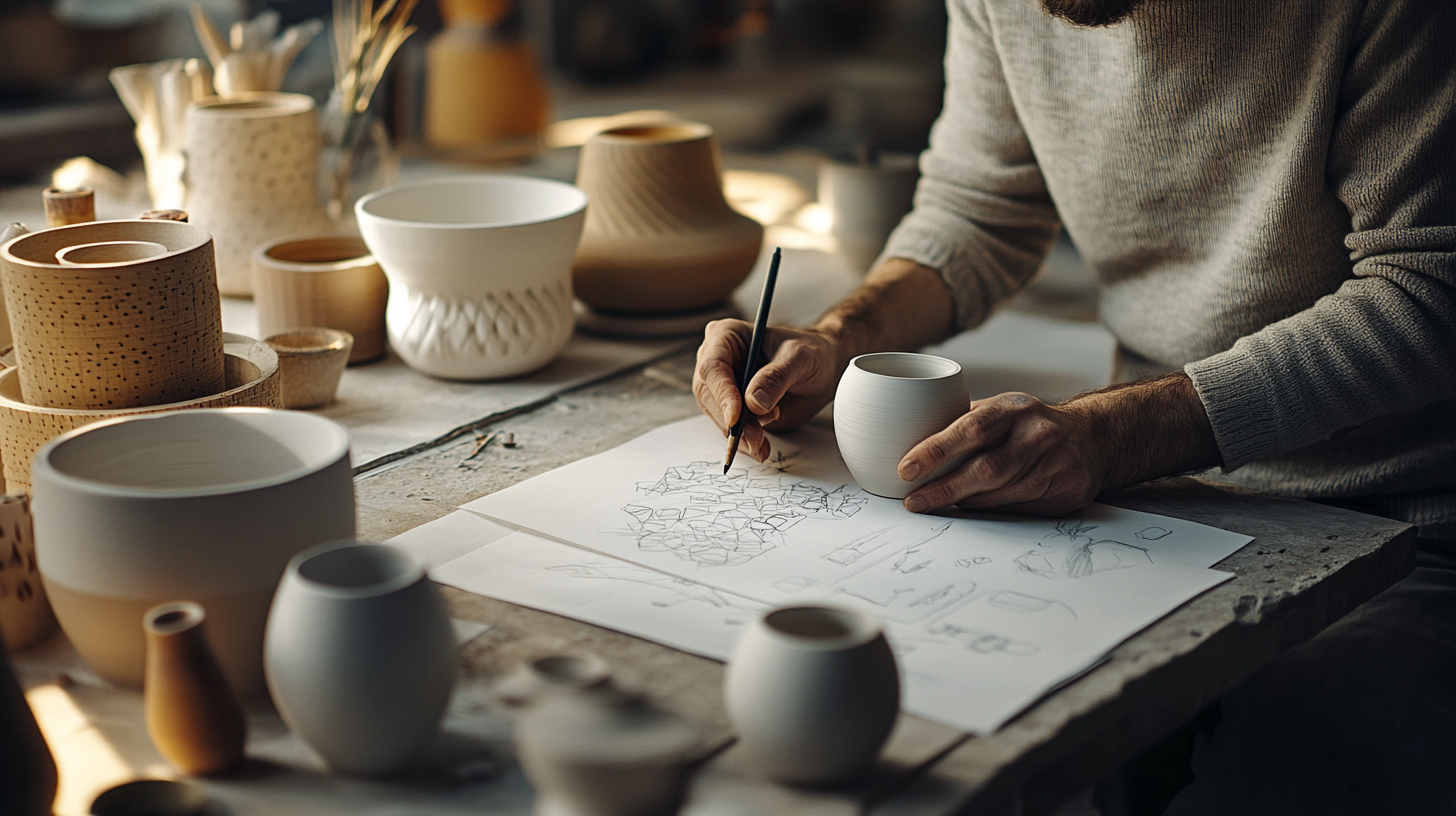 Documentary style shot designer sketching design ceramics, samples.