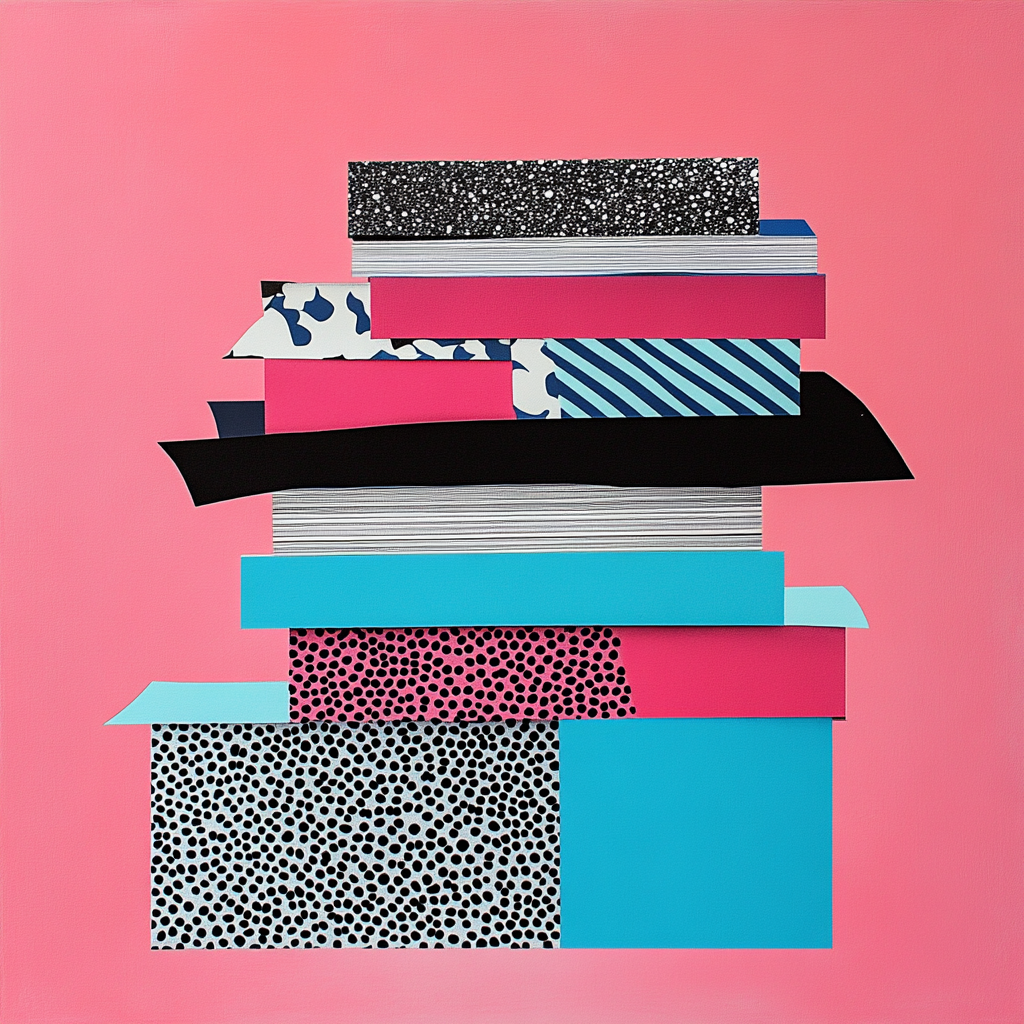 Documentation piles in pink, blue, black minimalist collage.