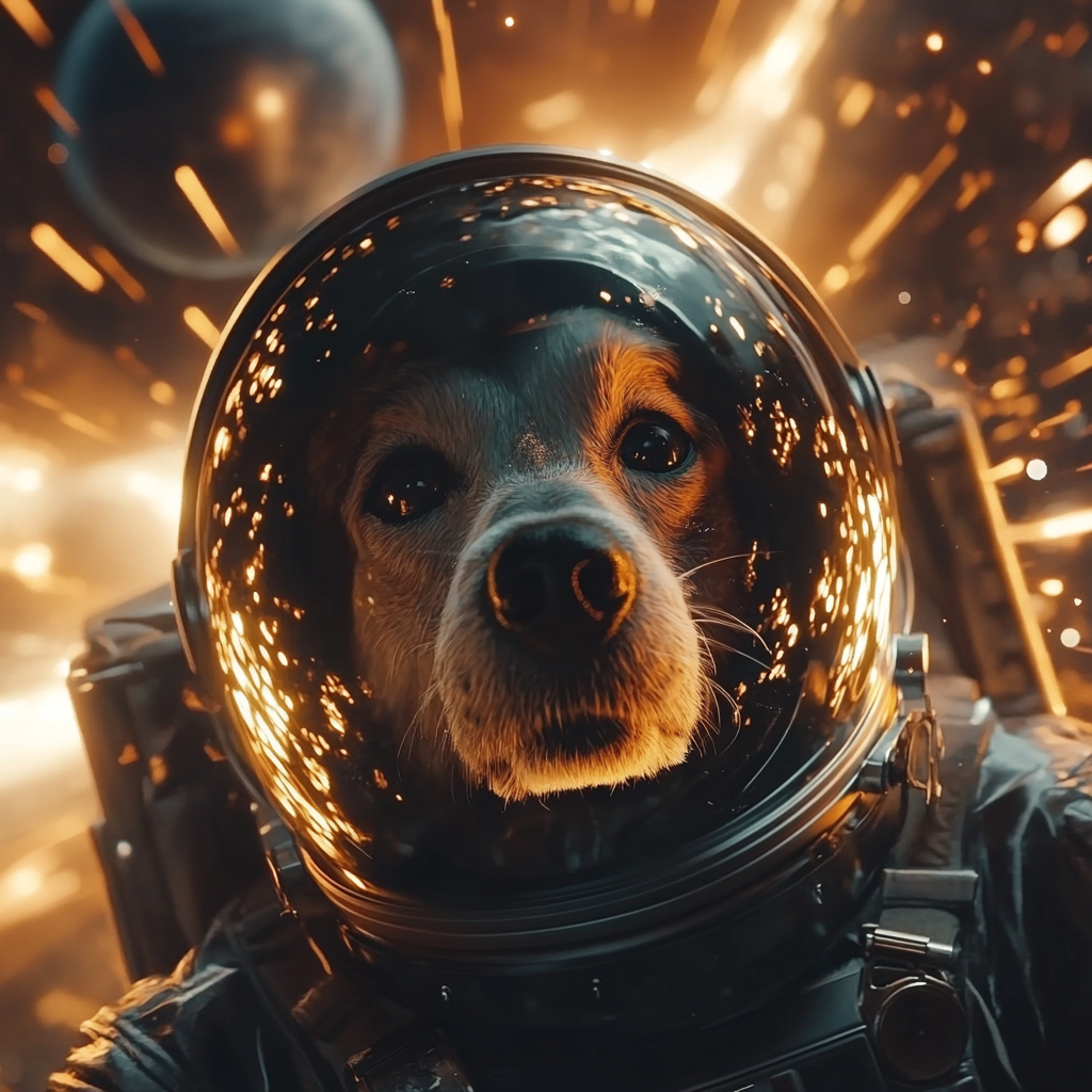 Dog astronaut in space suit with planets