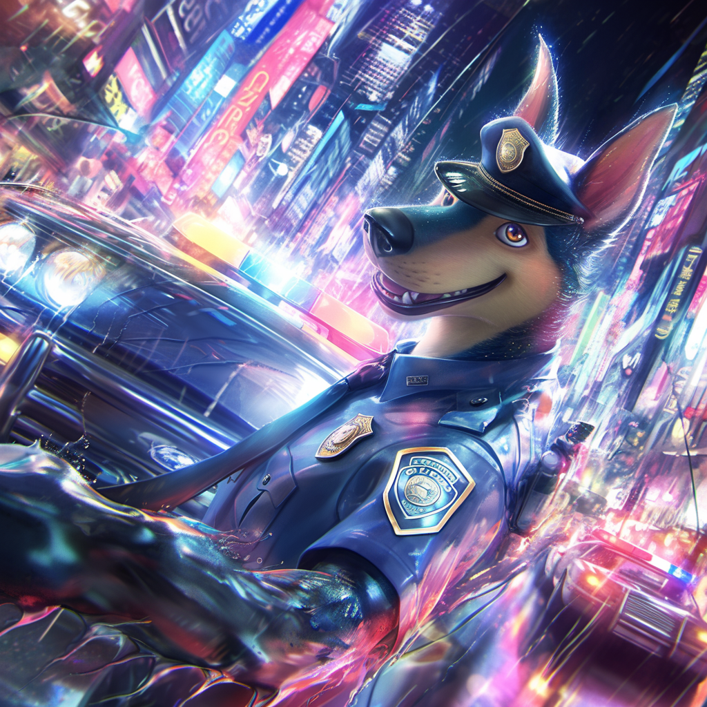 Dog from police cartoon in blue and black uniform.