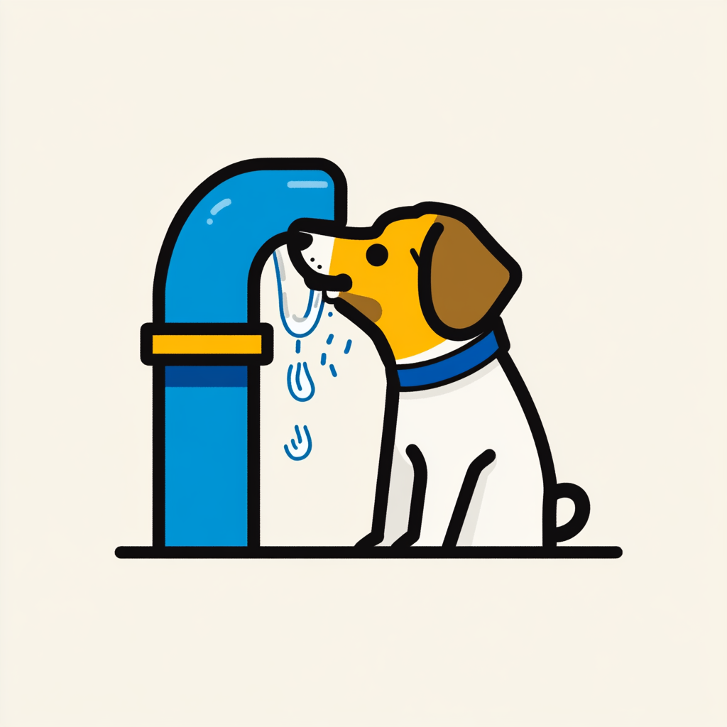 Dog in blue collar clothes looking at water pipe.