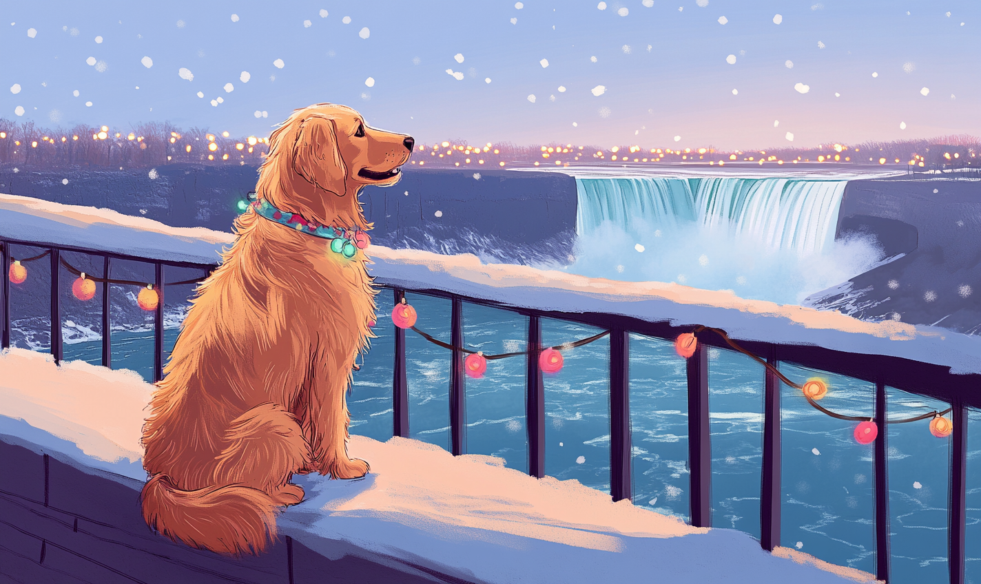 Dog on deck overlooking snowy Niagara falls with lights.