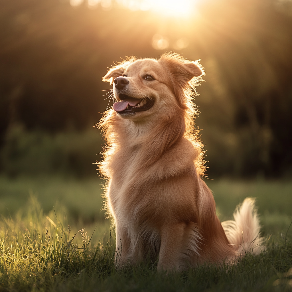 Dog sitting on grass, wagging tail, looking happy.