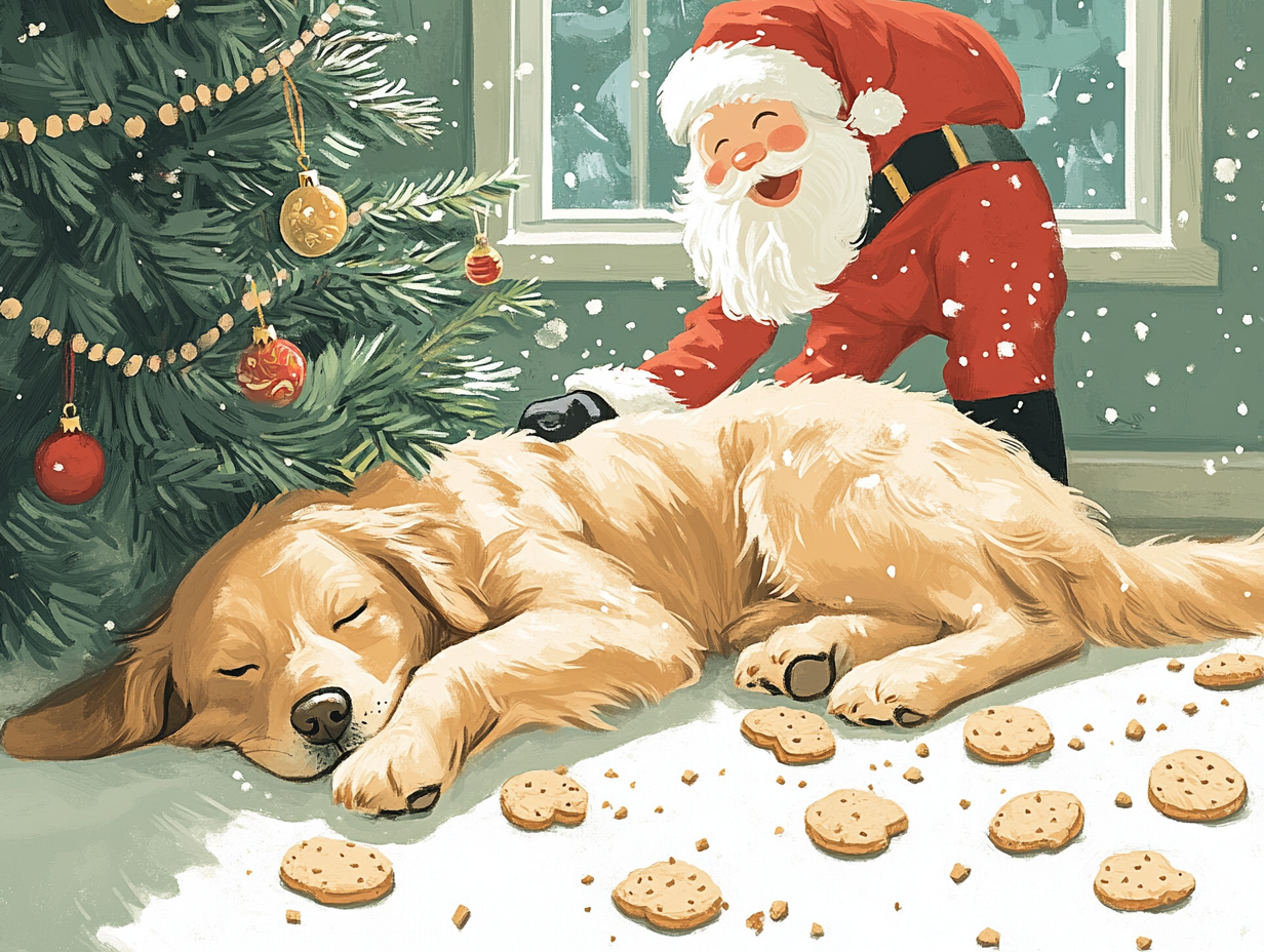 Dog sleeping by tree, eaten cookie crumbs, Santa laughs.