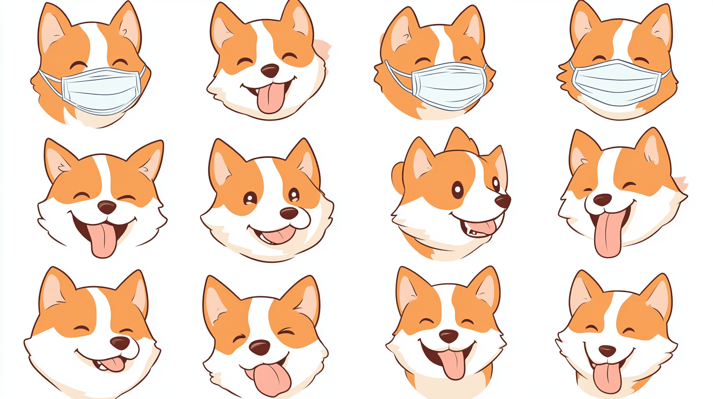 Dog stickers with expressions and mask in simple style.