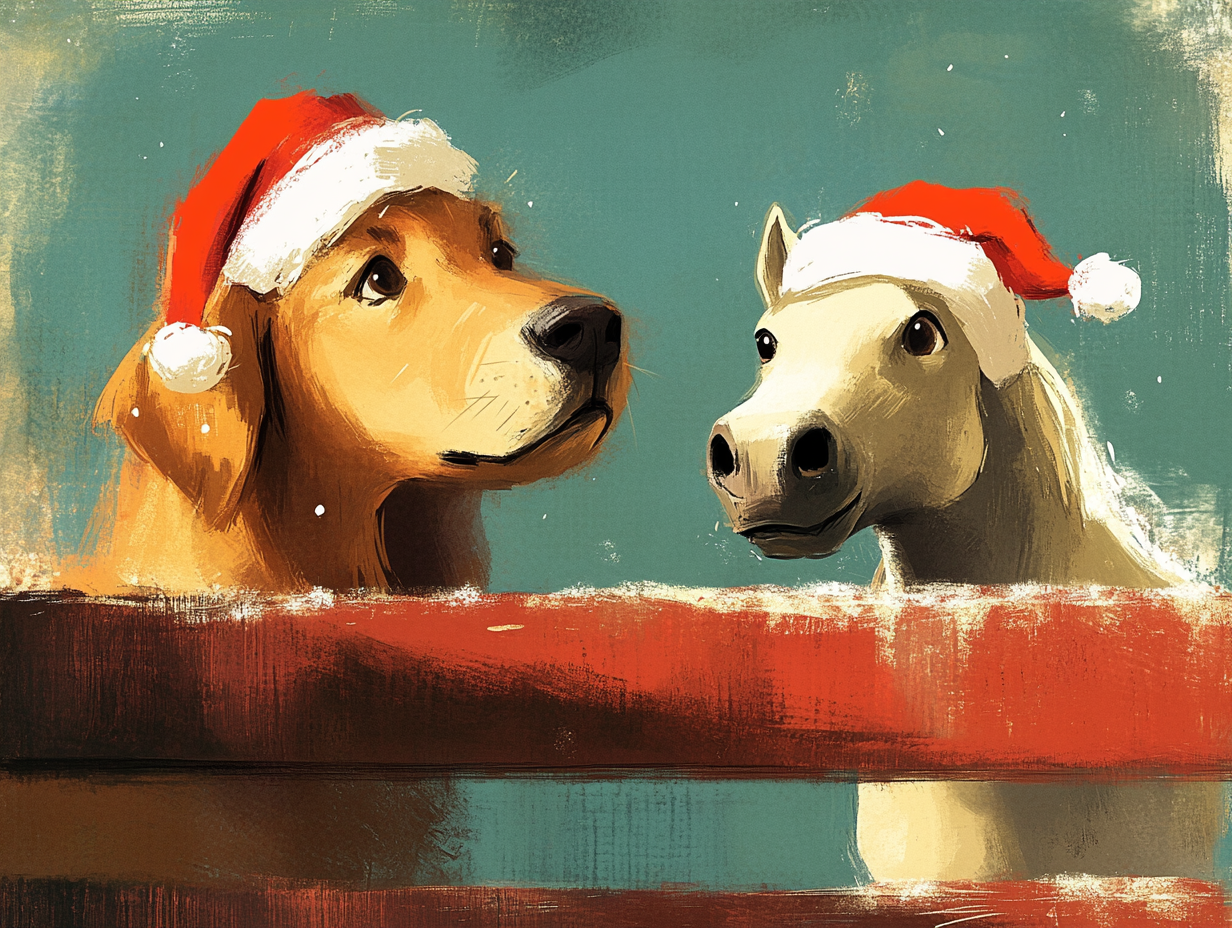 Dog with Santa hat looking at horse with Santa hat, Christmas-themed drawing.