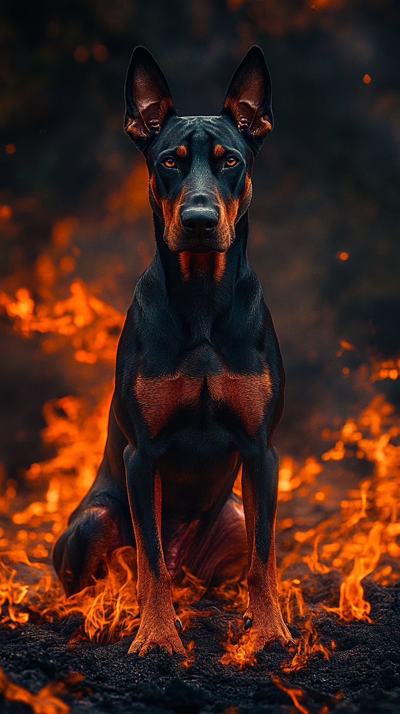 Dog with fire powers, fiery black coat, glowing eyes.