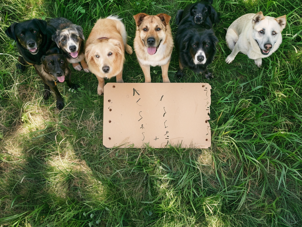 Dogs surround blank political sign in grass campaign.