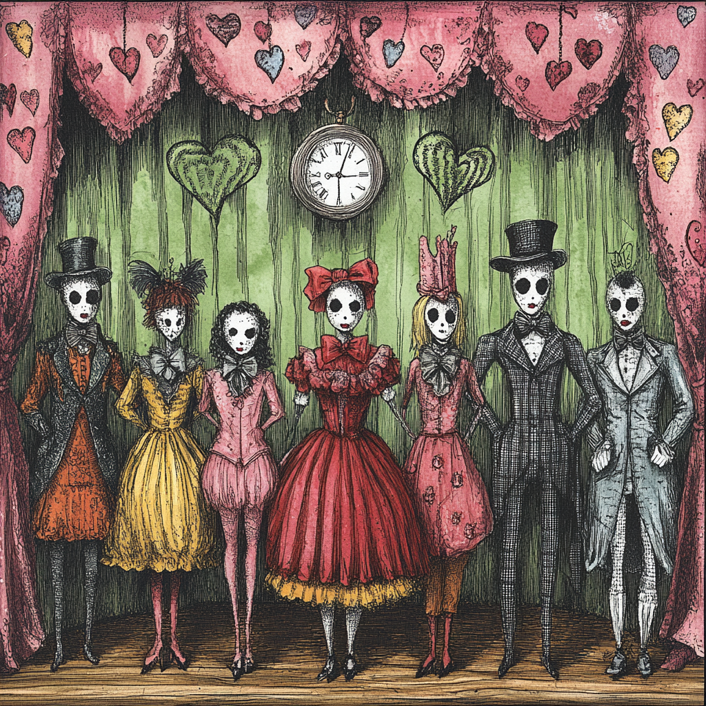 Dolls in Edward Gorey style with theatrical twist