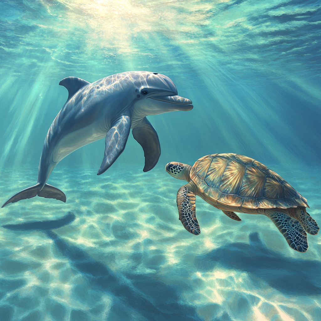 Dolphin and Sea Turtle Swim Together in Clear Water