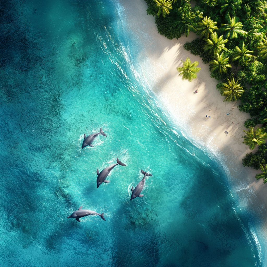 Dolphins playing in azure ocean by tropical island.