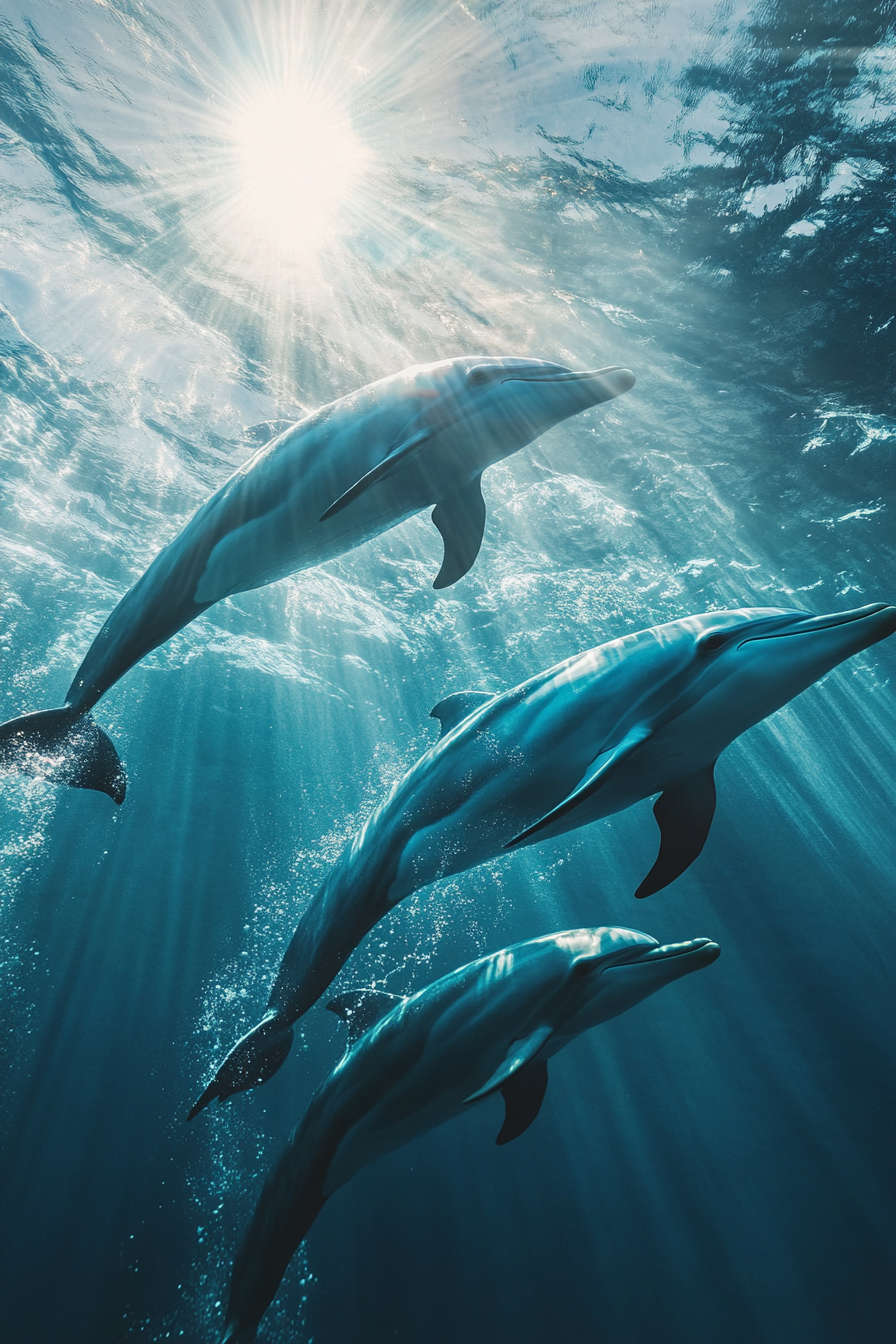 Dolphins swimming in bright turquoise sea with sun rays