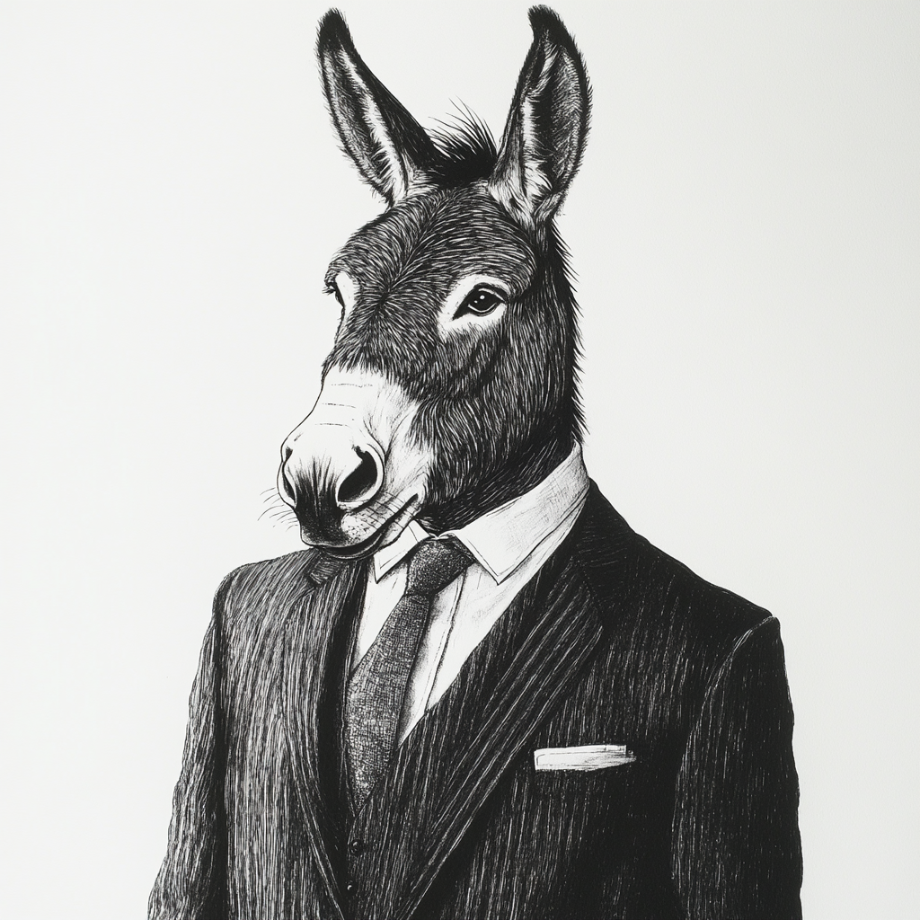 Donkey dressed up in business attire, chest up.