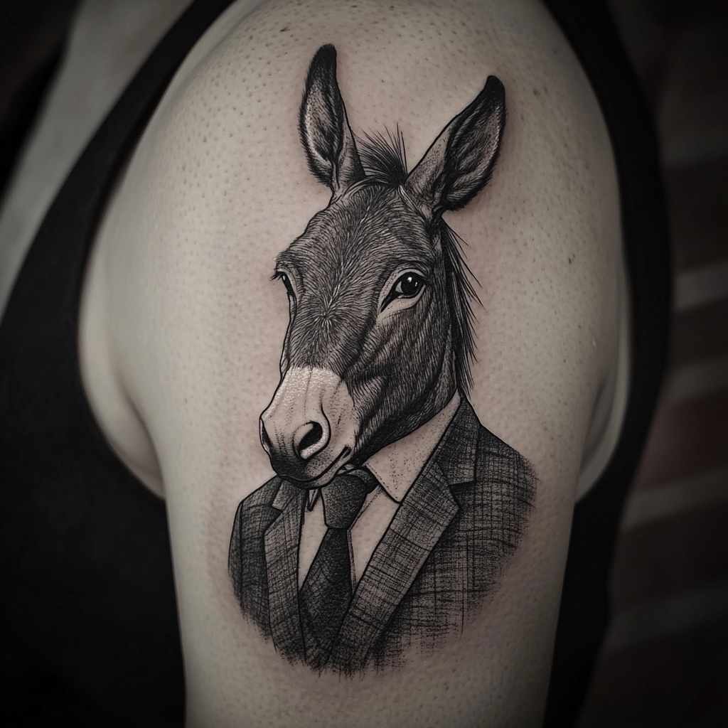 Donkey in business suit, grey and black tones.