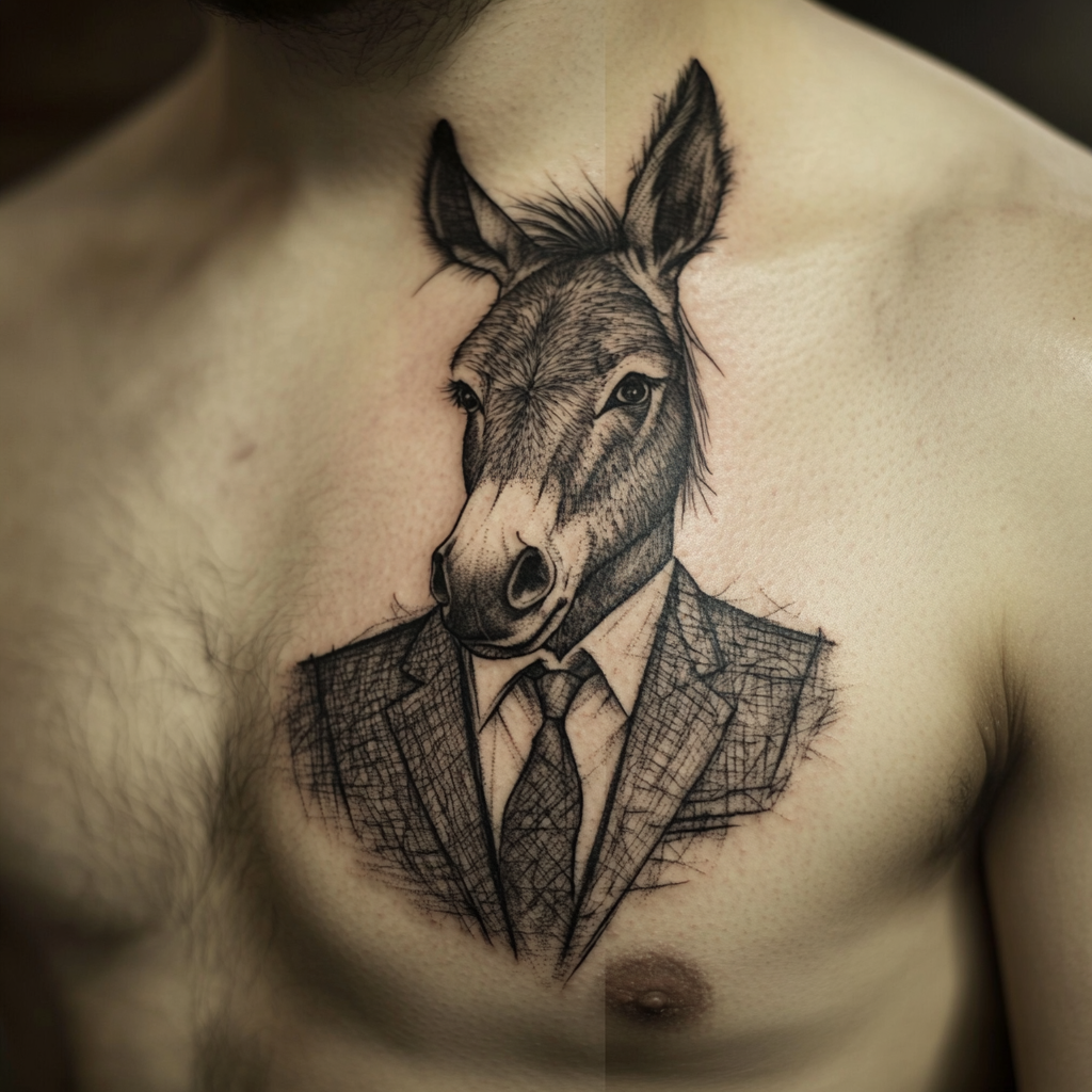 Donkey in business suit, tattoo style, semi realistic.